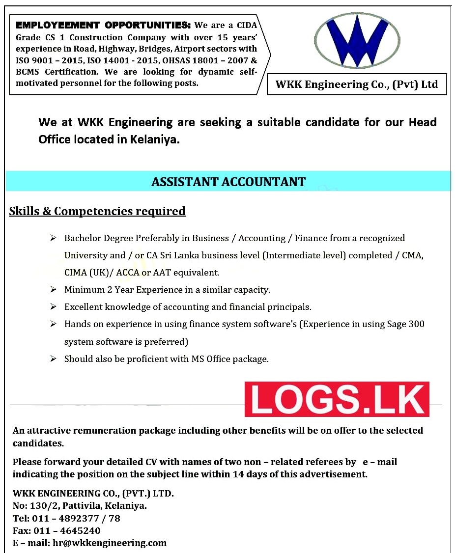 Assistant Accountant Job Vacancy in WKK Engineering (PVT) Ltd Jobs Vacancies Details, Application Form Download