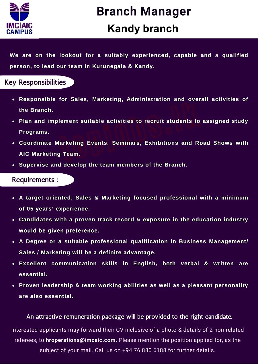Branch Manager Job Vacancy in Kandy AIC Campus Jobs vacancies