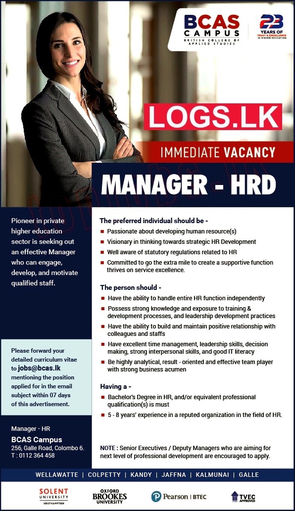HRD Manager Job Vacancy in ICBT Campus Jobs Vacancies