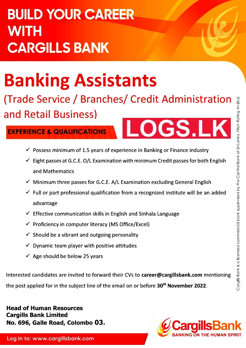 Banking Assistants Jobs Vacancies 2023 in Cargills Bank Job Vacancy Details, Application Form Download