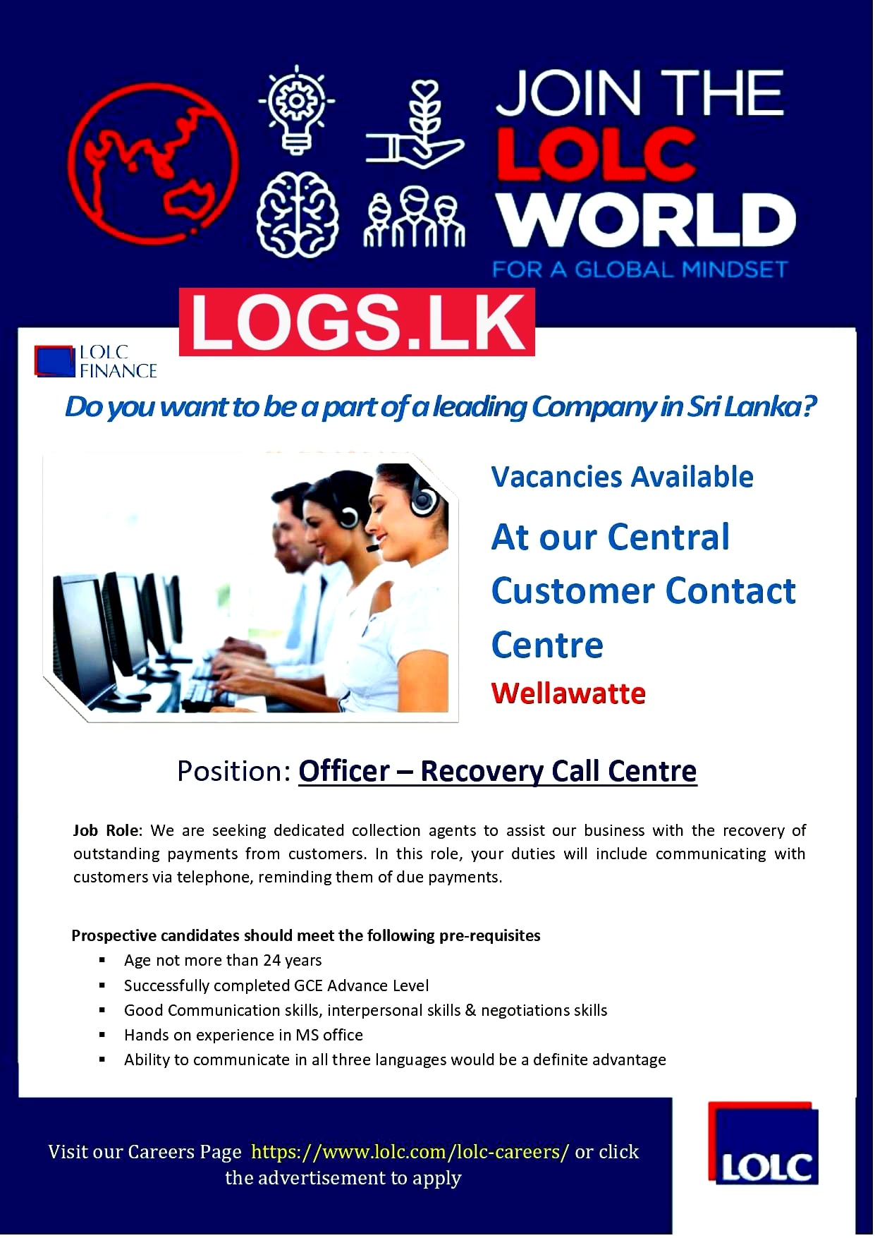 Recovery Call Centre Officer Job Vacancy in LOLC Jobs Vacancies Details, Application Form Download