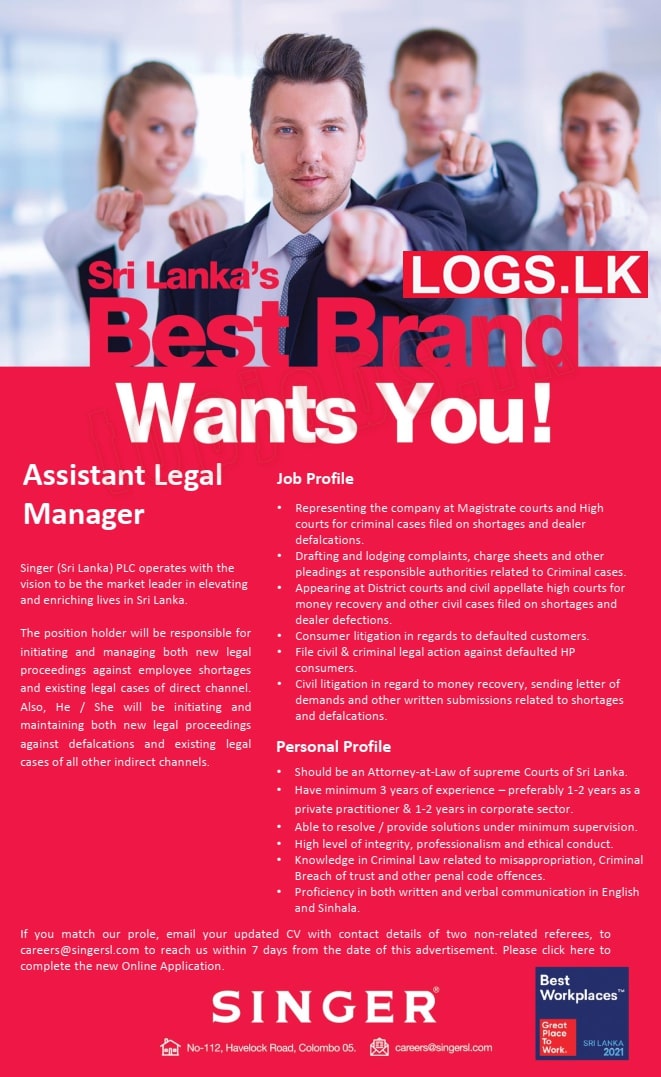 Assistant Legal Manager Job Vacancy 2023 in Singer Jobs Vacancies Details, Application Form Download
