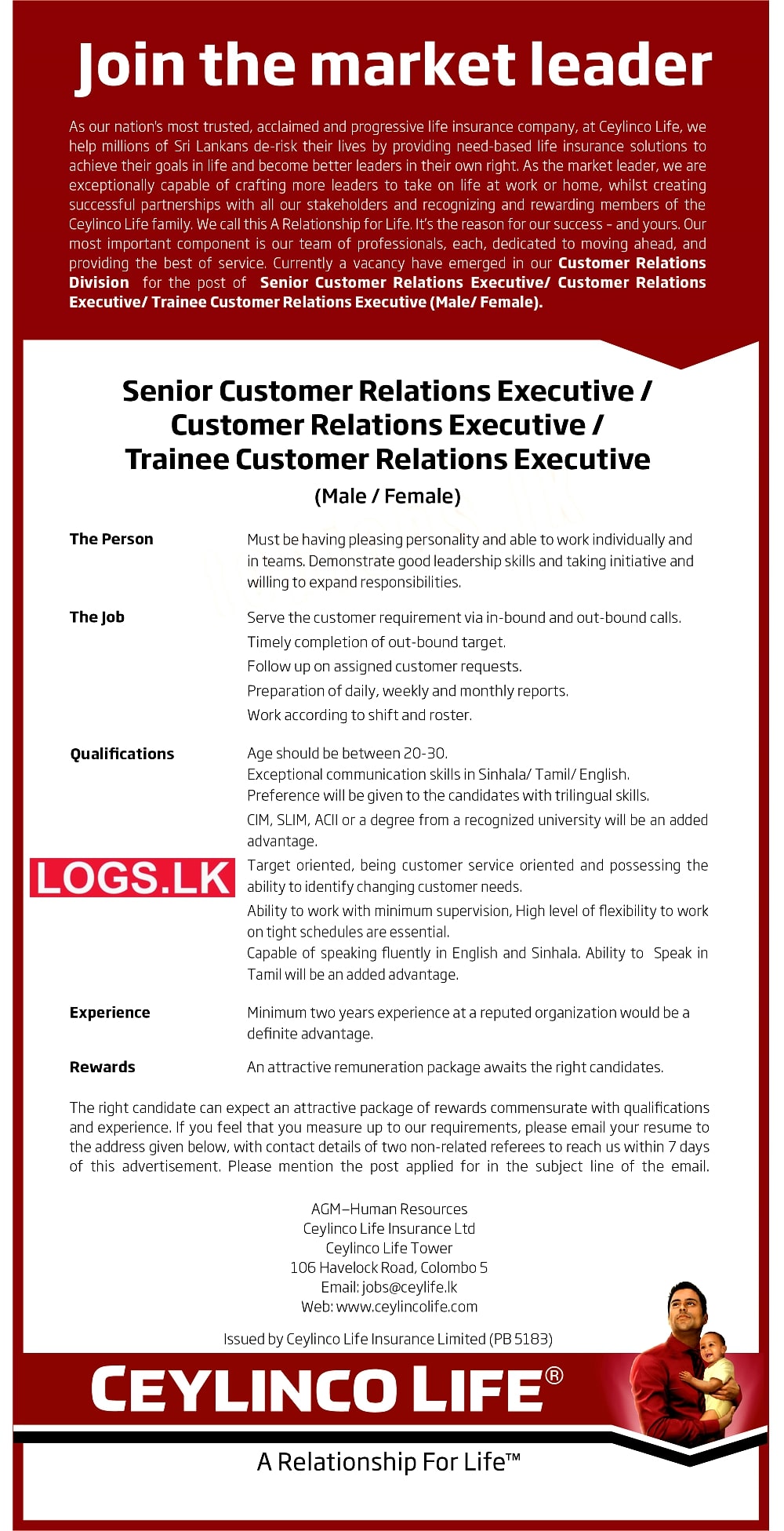 Customer Relations Executive Job Vacancy 2023 in Ceylinco Life Insurance Jobs Vacancies Details, Application