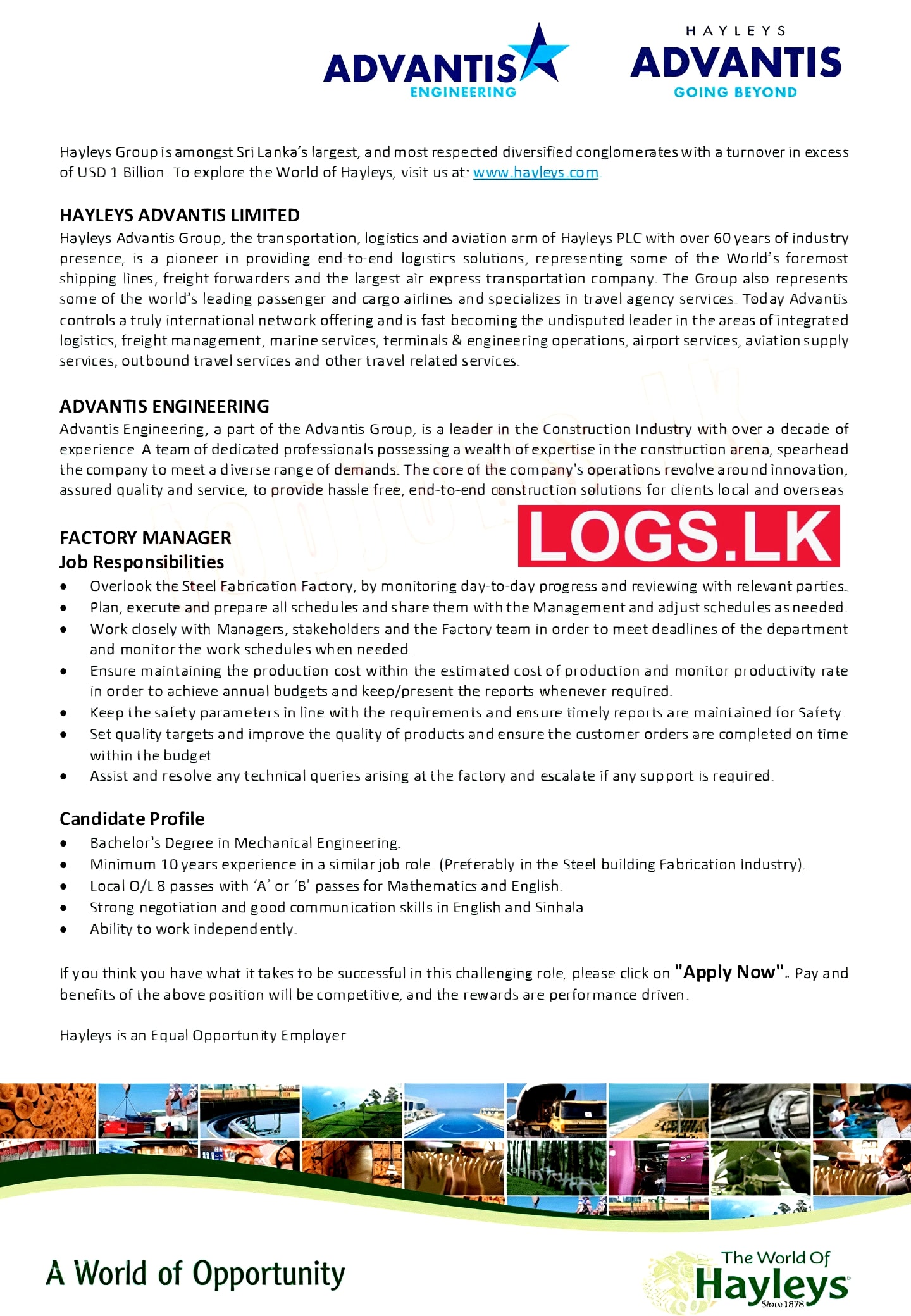 Factory Manager Job Vacancy 2023 in Hayleys PLC Jobs Vacancies Details, Application Form Download