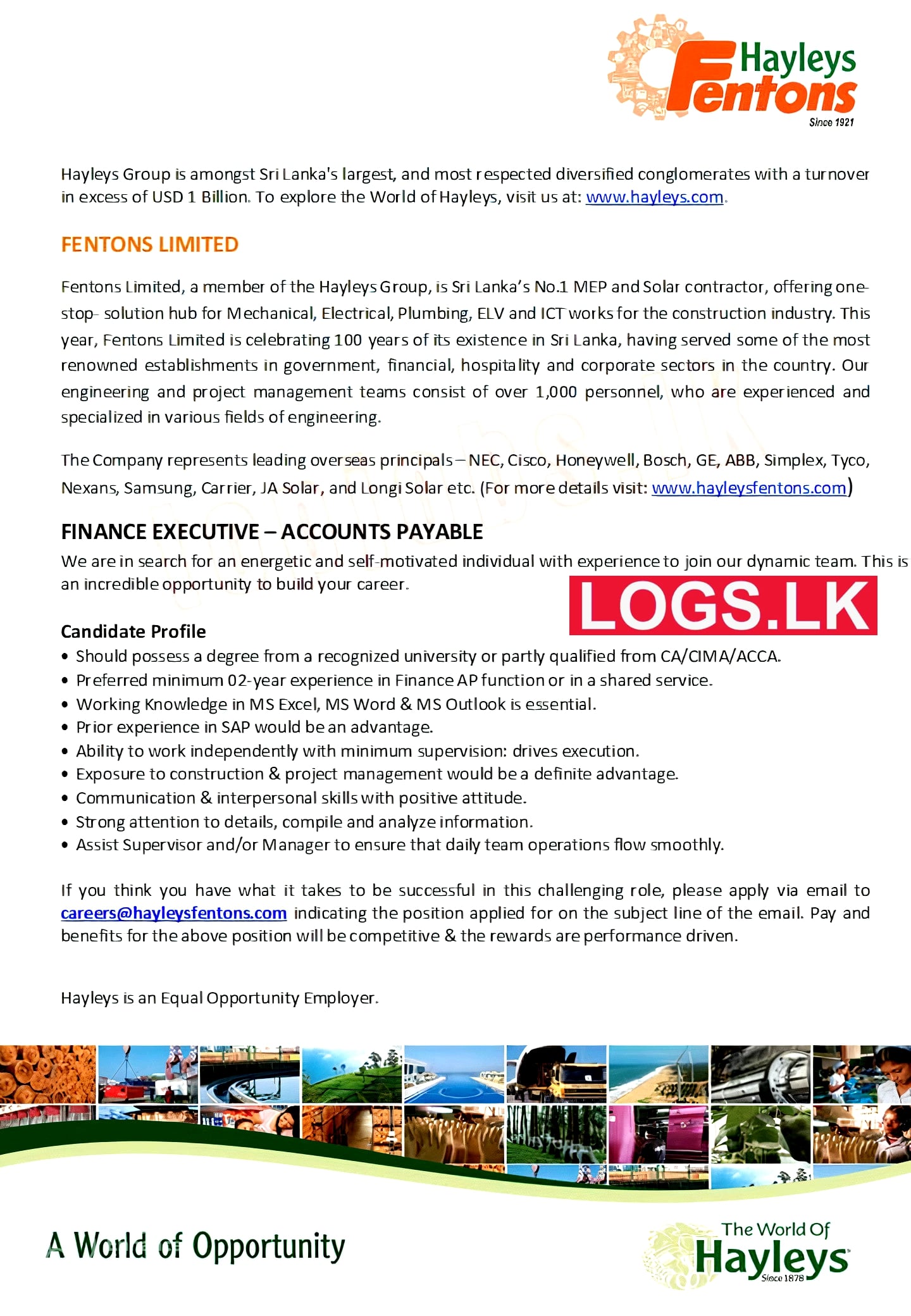 Finance Executive Job Vacancy 2023 in Hayleys PLC Jobs Vacancies Details, Application Form Download