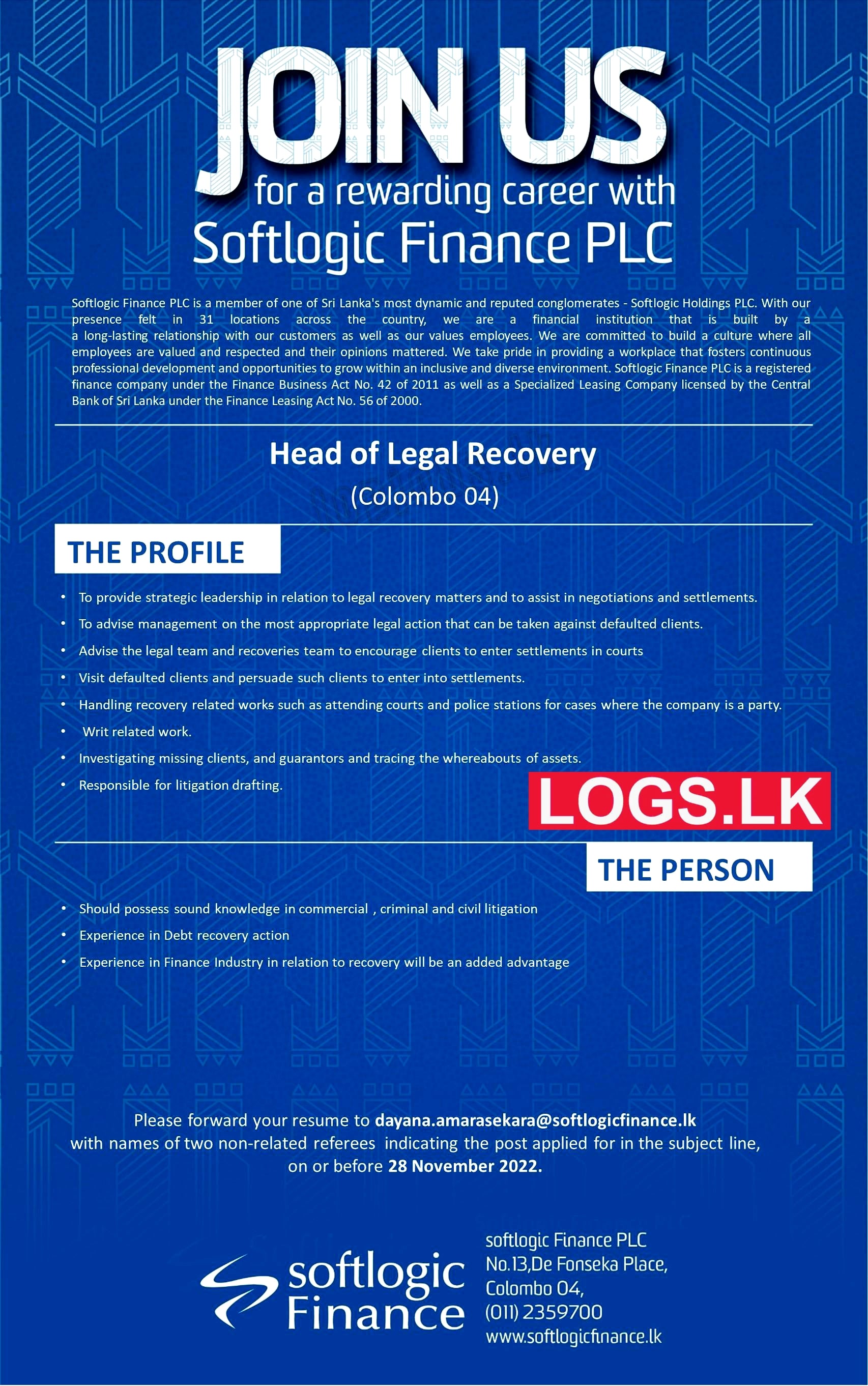 Head of Legal Recovery Job Vacancy 2023 in Softlogic Finance Jobs Vacancies