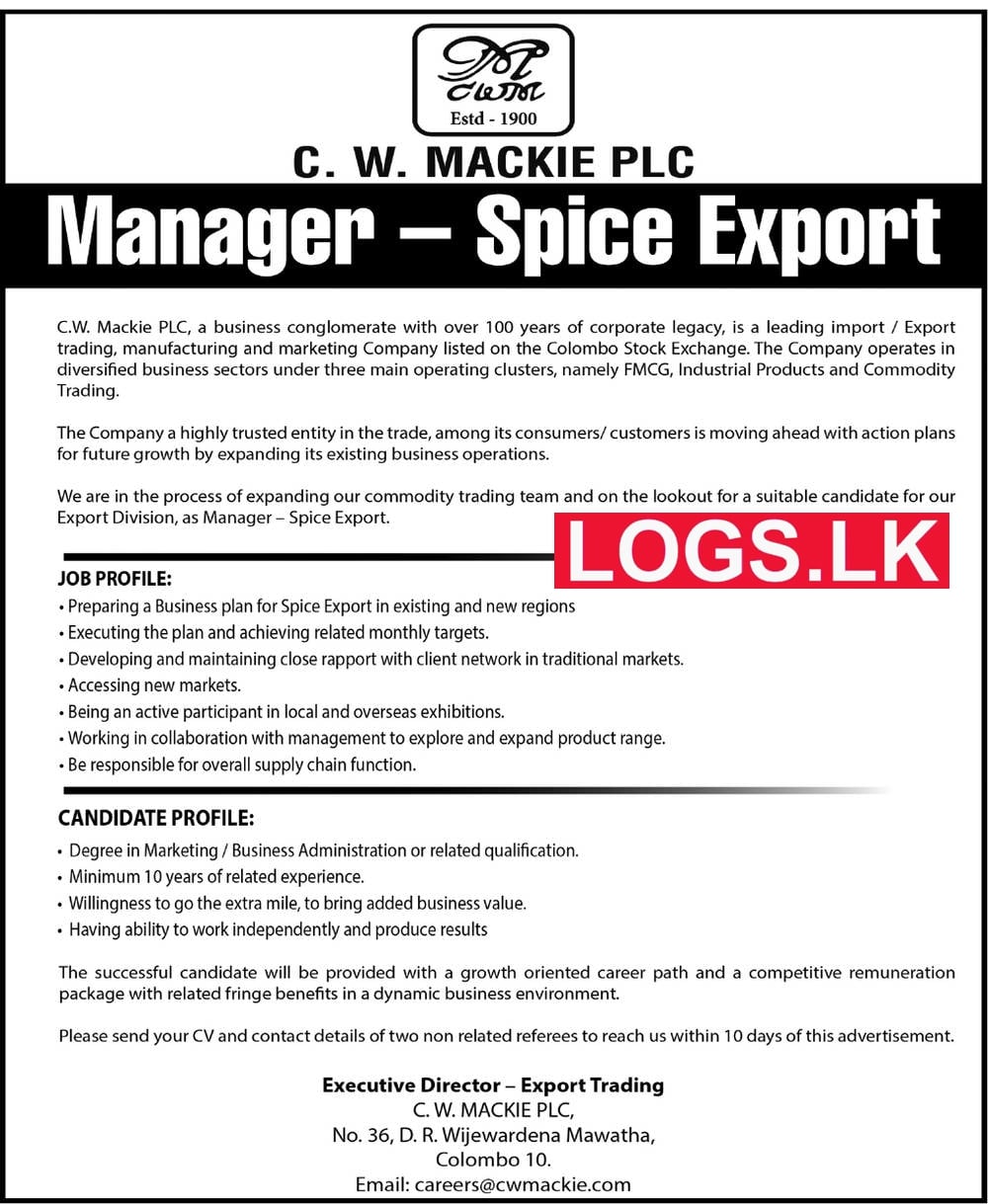 Spice Export Manager Job Vacancy 2023 in C W Mackie PLC Jobs Vacancies Details, Application Form Download