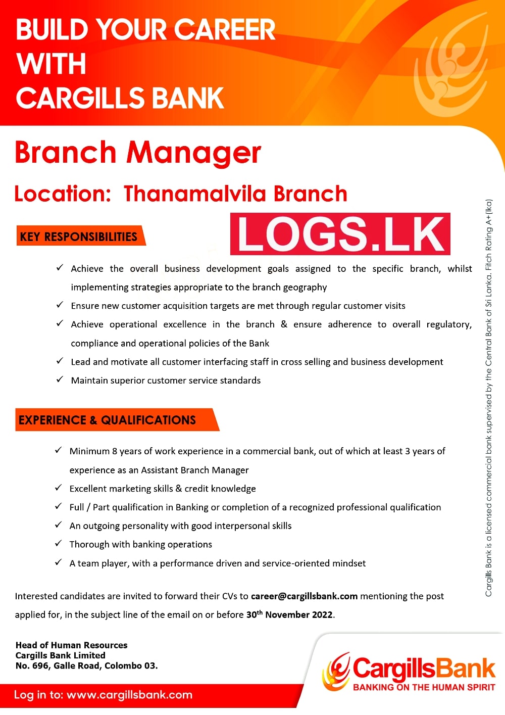 Branch Manager Job Vacancy in Thanamalvila Cargills Bank Jobs Vacancies Details, Application Form Download