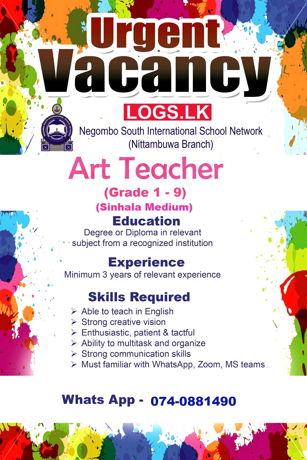 Art Teacher Vacancy 2023 Negombo South International School Jobs vacancies