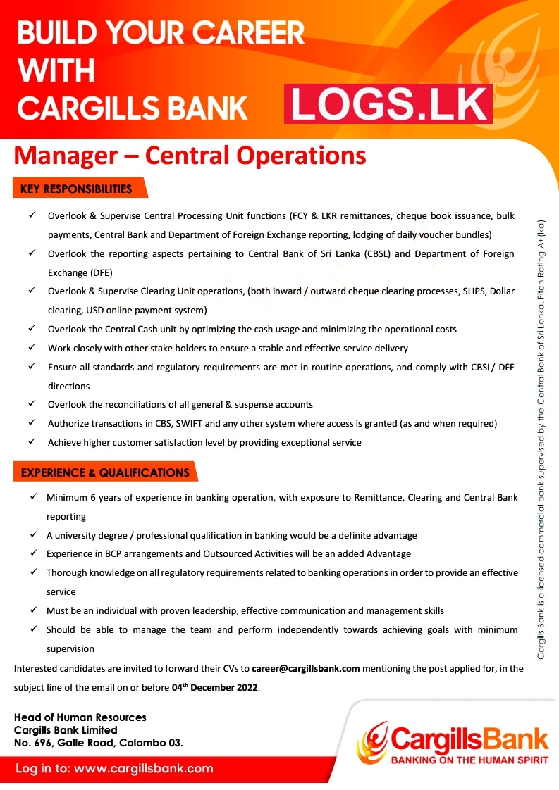 Central Operations Manager Job Vacancy in Cargills Bank Jobs Vacancies 2023