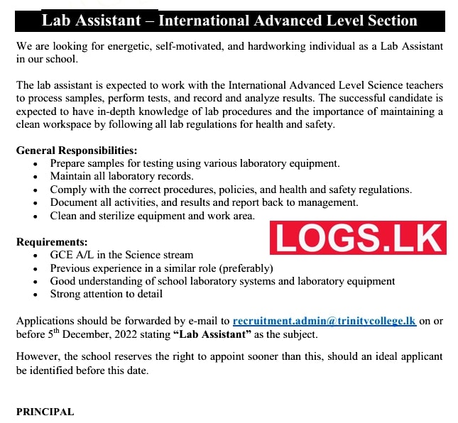 Lab Assistant Job Vacancy 2023 Trinity College Kandy Jobs Vacancies 2023