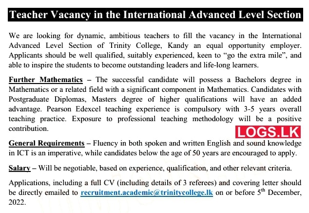 Teacher Job Vacancy 2023 in Trinity College Kandy Jobs Vacancies