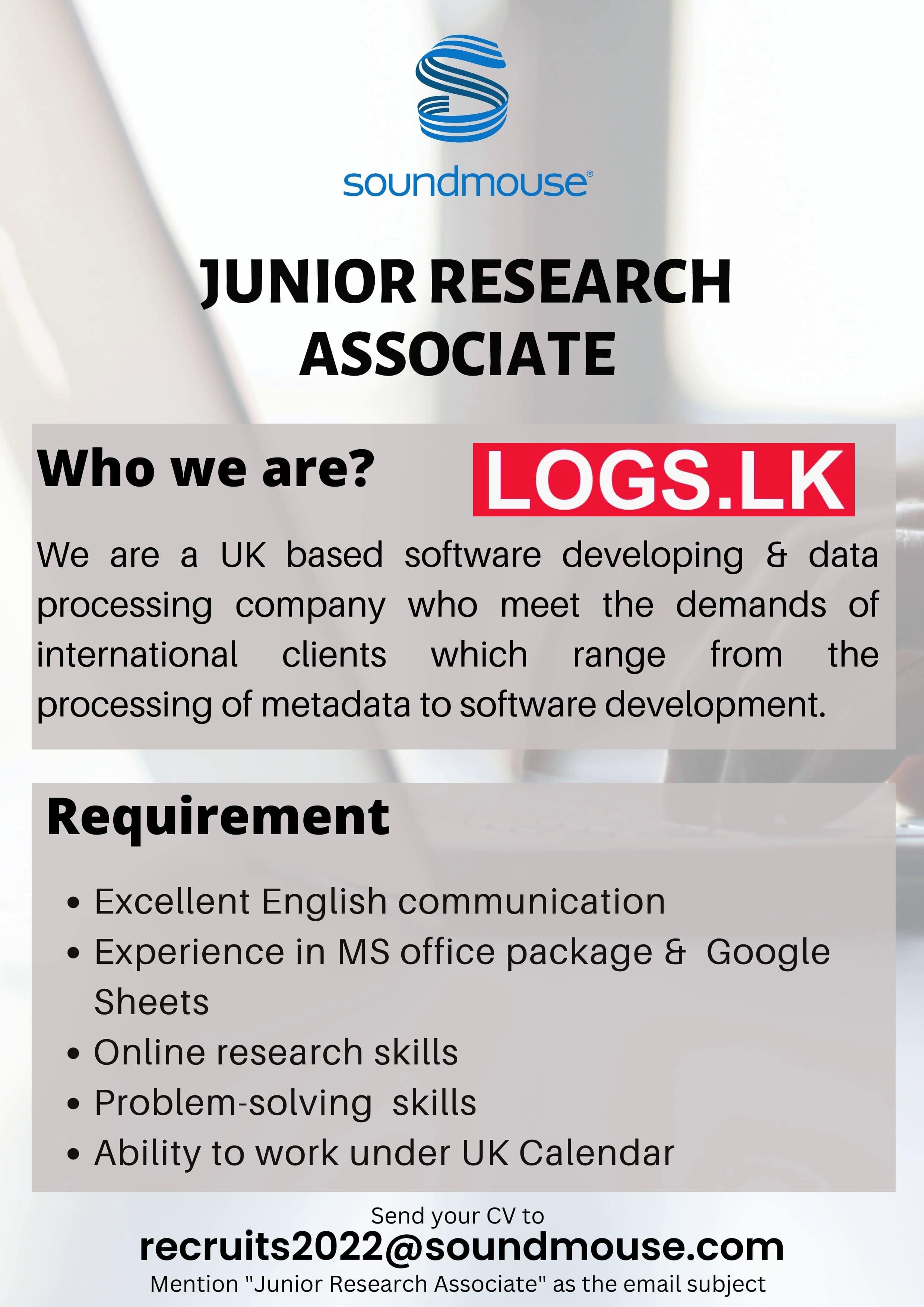 Junior Research Associate Job Vacancy in Soundmouse Jobs Vacancies