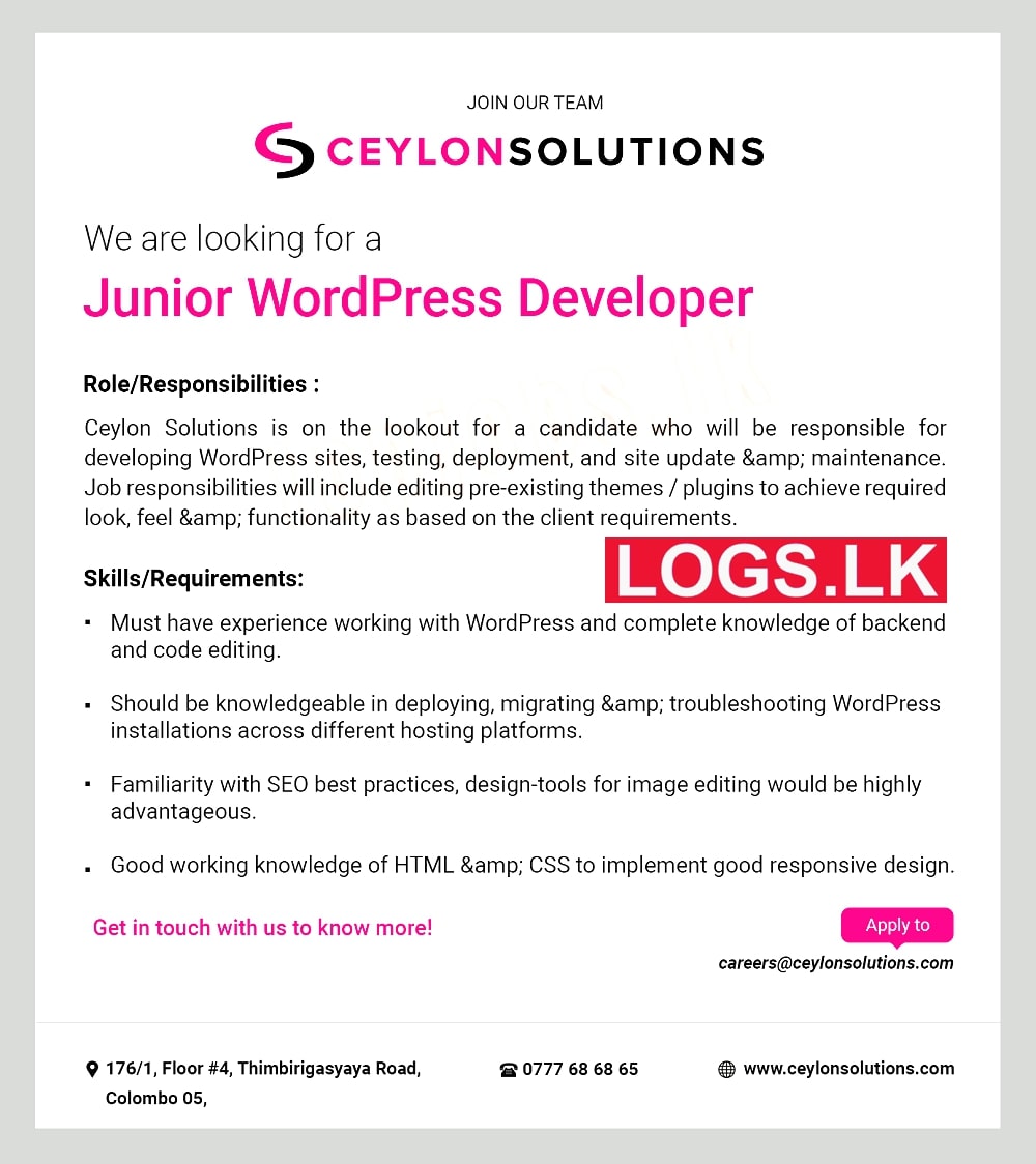 Junior WordPress Developer Vacancy 2023 in Ceylon Solutions Jobs Vacancies
