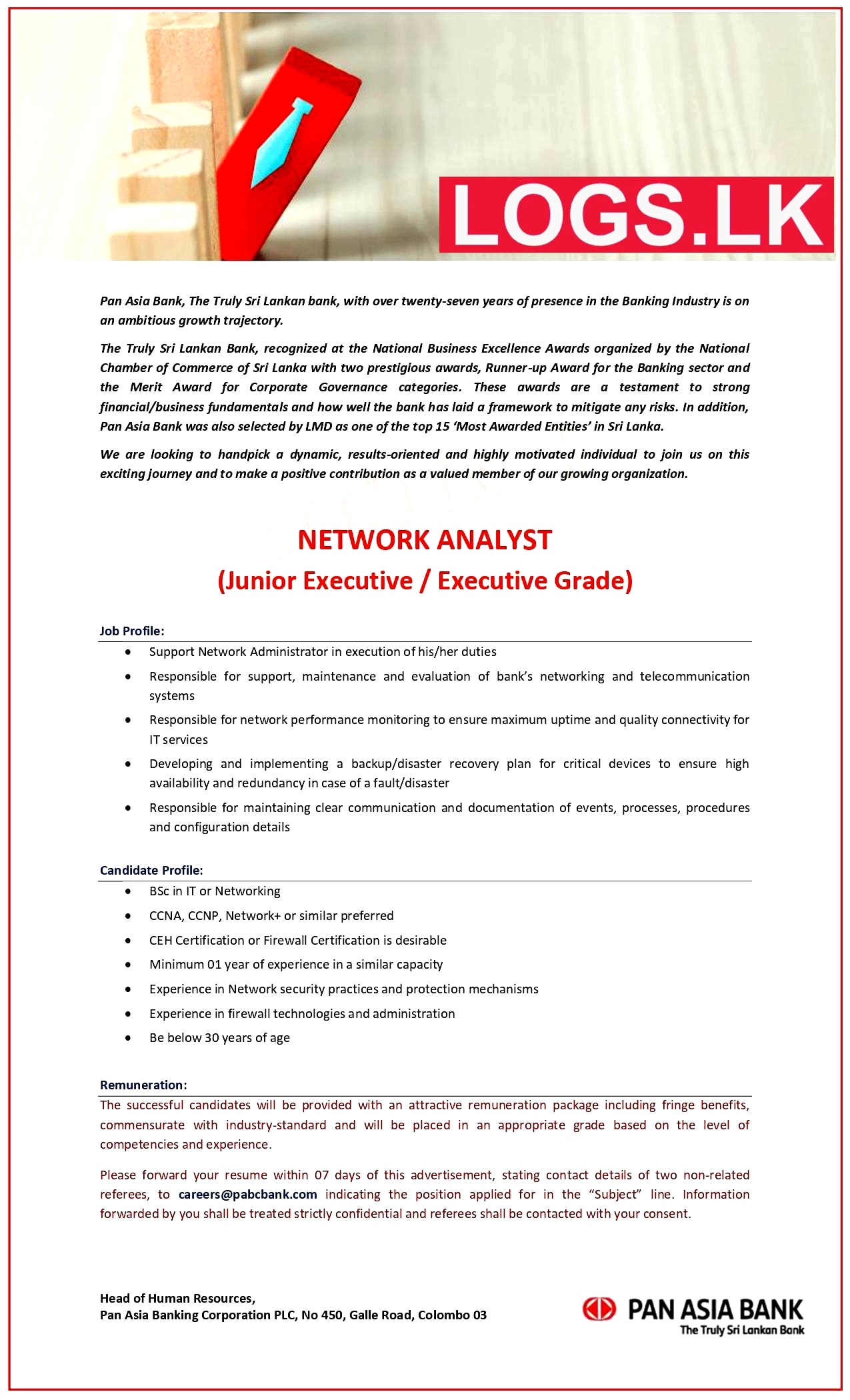 Network Analyst Job Vacancy 2023 in Pan Asia Bank Jobs Vacancies 2023