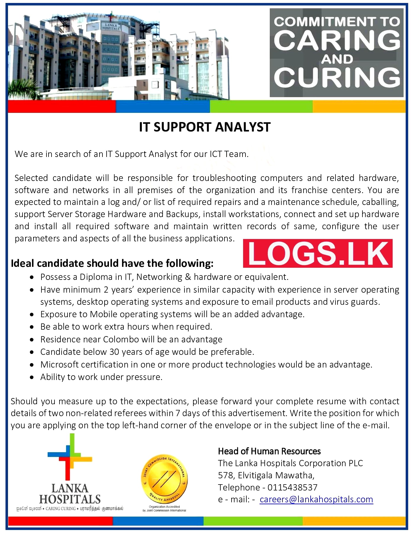IT Support Analyst Job Vacancy in Lanka Hospitals Jobs Vacancies 2023
