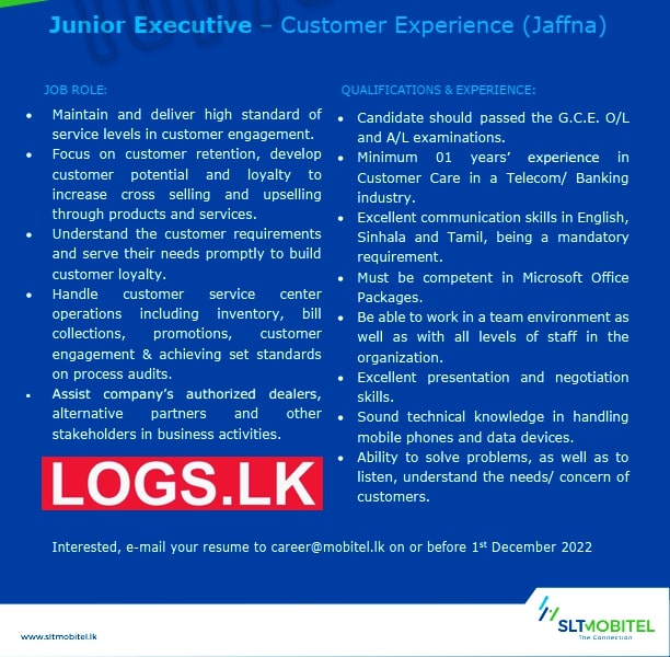Junior Executive Job Vacancy 2023 in Jaffna Mobitel Jobs Vacancies 2023