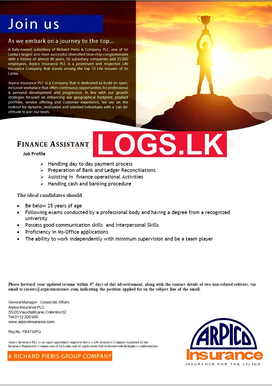 Finance Assistant Jobs Vacancies 2023 in Arpico Insurance Job Vacancy Details, Application