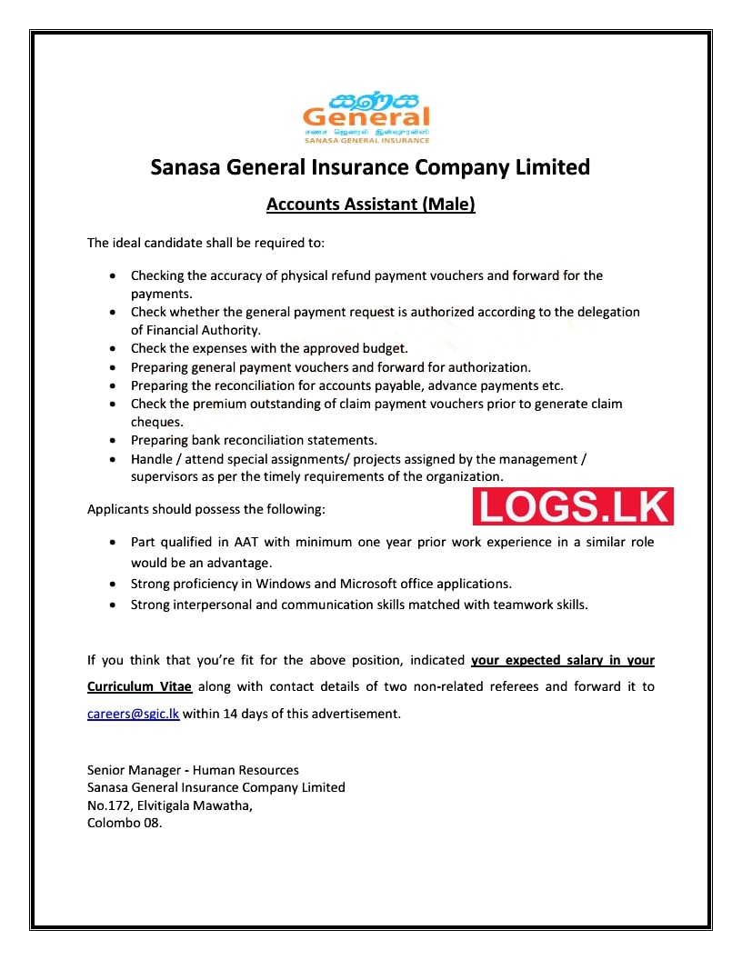 Accounts Assistant Jobs Vacancies 2023 in Sanasa Insurance Application