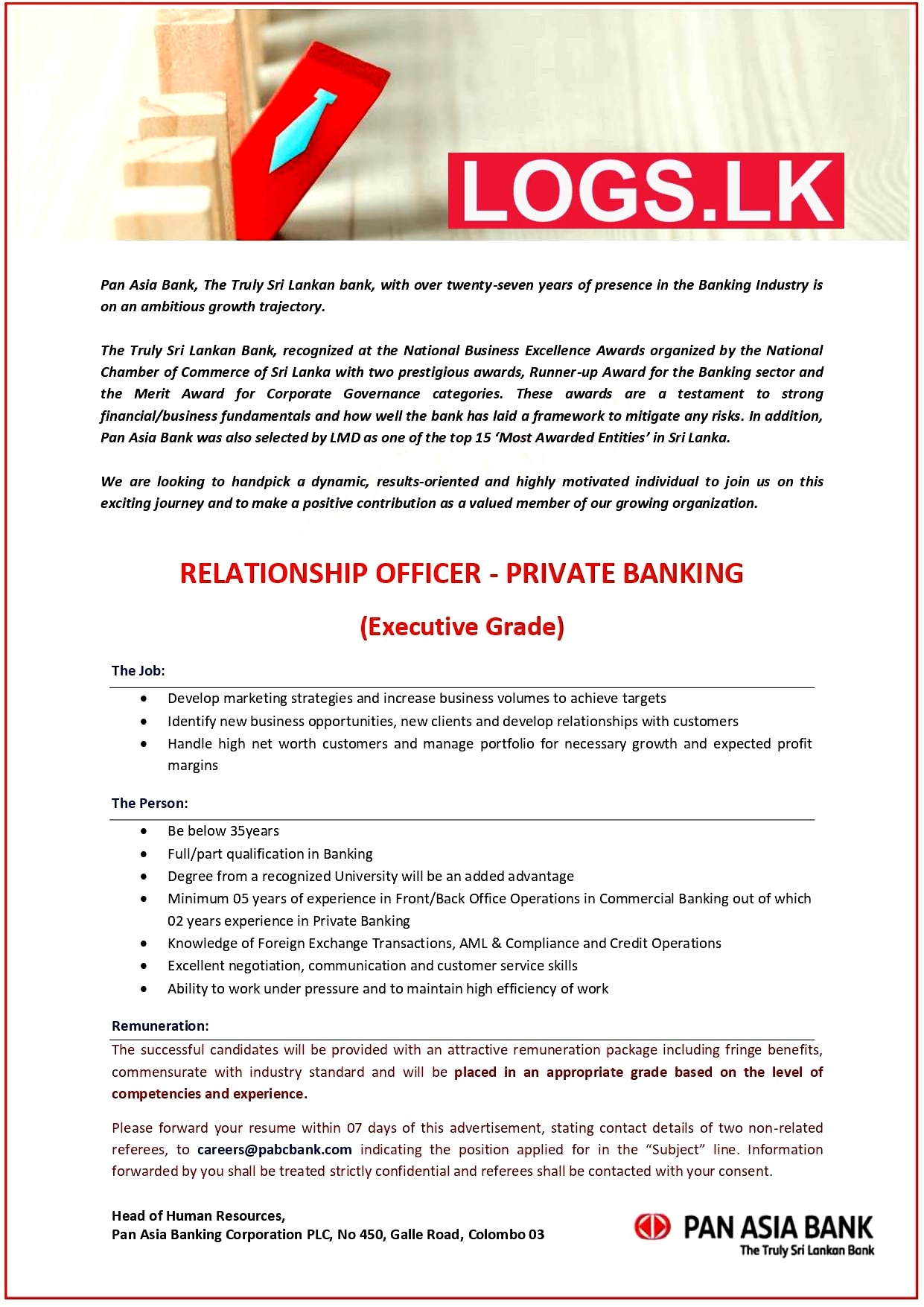 Relationship Officer Vacancy 2023 in Pan Asia Bank Jobs Vacancies