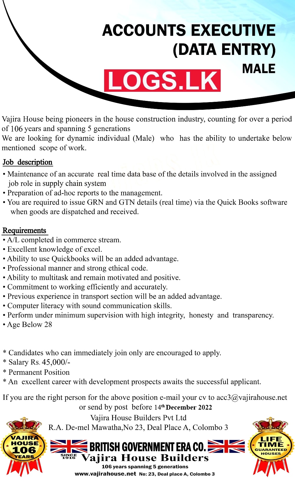 Accounts Data Entry Jobs Vacancies 2023 in Vajira House Builders Job Vacancy