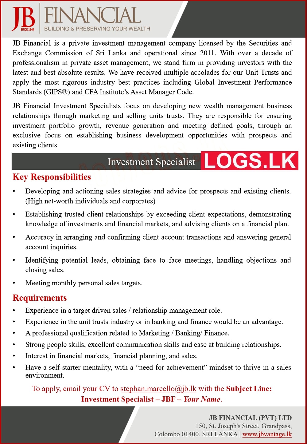 Investment Specialist Job Vacancy 2023 in JB Financial (Pvt) Ltd Jobs Vacancies