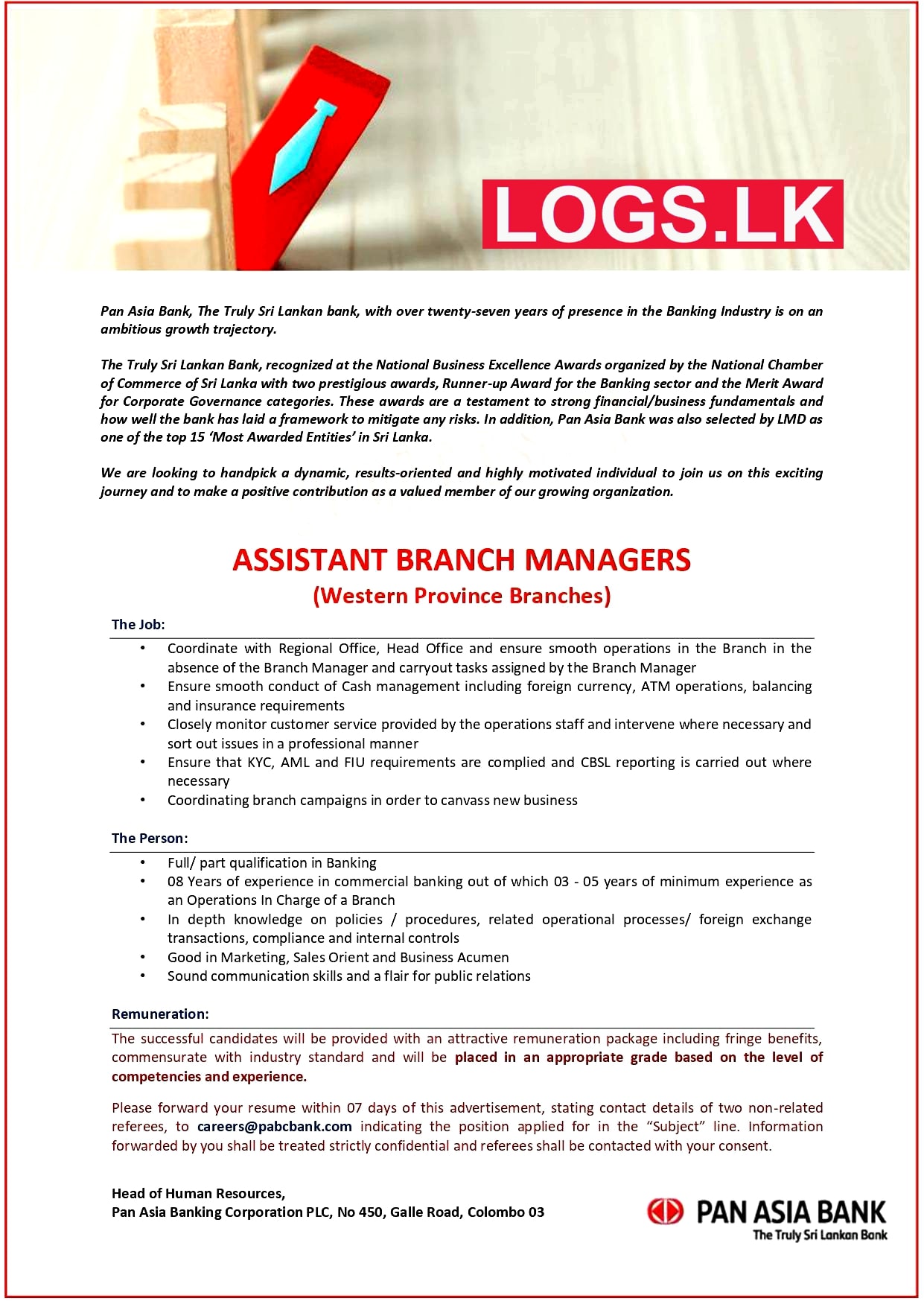 Assistant Branch Managers - Western Province Pan Asia Bank Jobs Vacancies