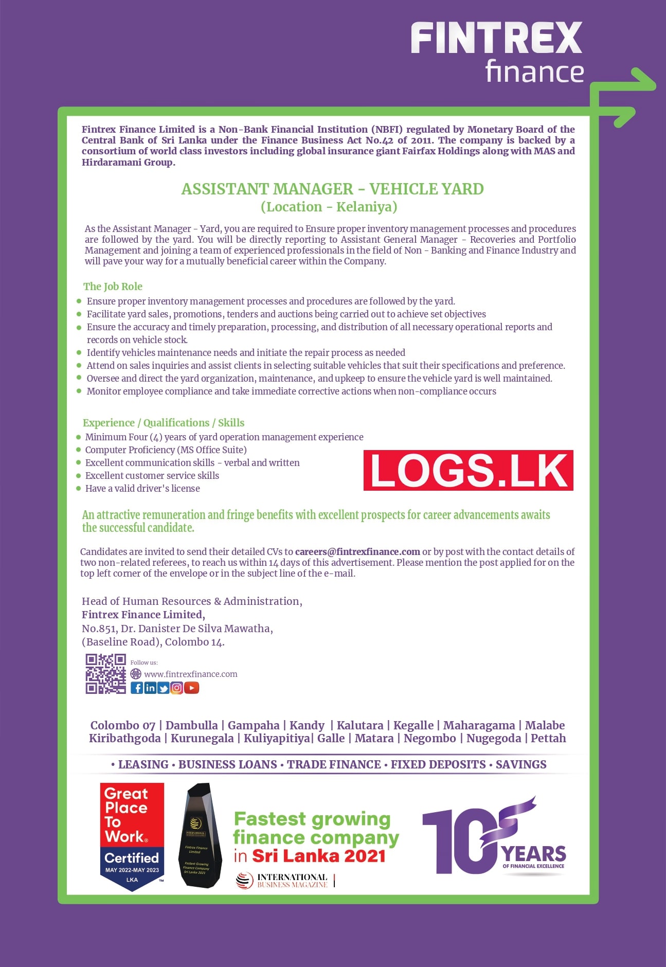 Assistant Manager Job Vacancy in Kelaniya Fintrex Finance Jobs Vacancies details, Application