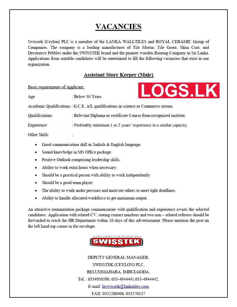 Assistant Store Keeper Job Vacancy 2023 in Swisstek Sri Lanka Company Jobs Vacancies
