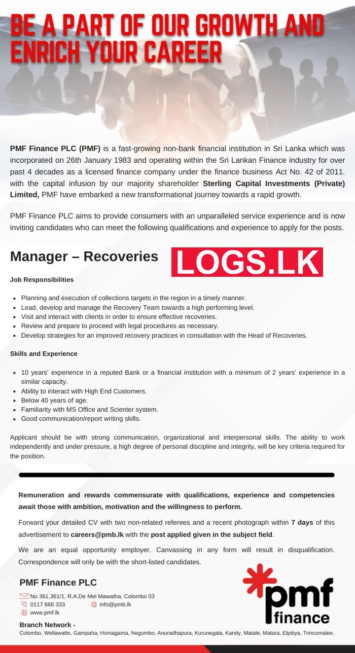 Recoveries Manager Job Vacancy 2023 in PMF Finance Jobs Vacancies Details, Application Form