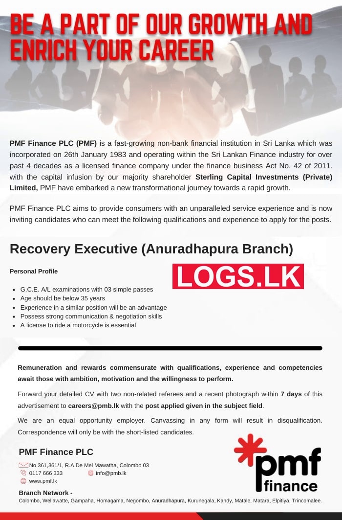 Recovery Executive Job Vacancy in Anuradhapura PMF Finance