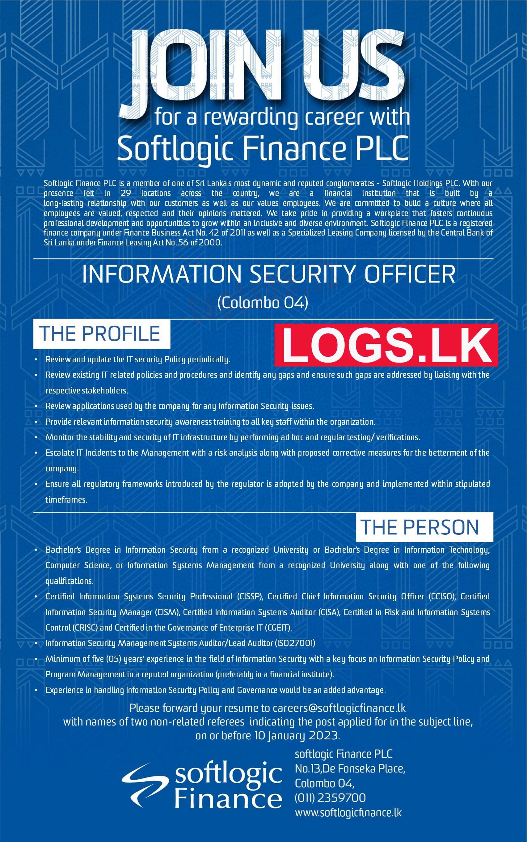 Information Security Officer - Softlogic Finance Vacancies 2023 Application Form Download